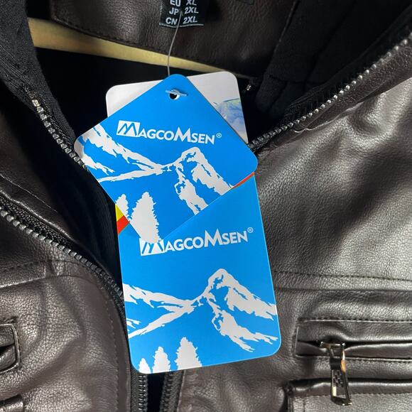 MagcoMsen Faux Leather Jacket Brown Layered Removable Hood Moto Sz XL Men's - Picture 9 of 13